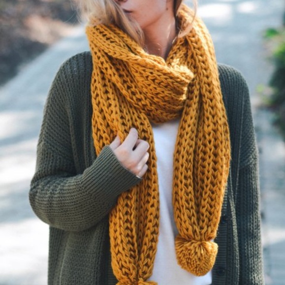 Mustard Crochet Pom Pom Wrap Scarf - Picture 2 of 6